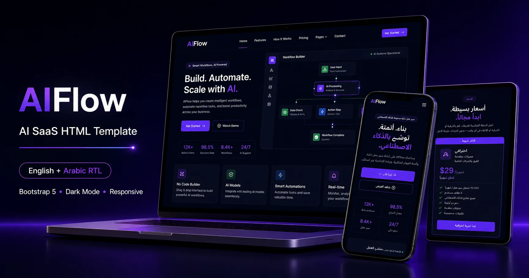 AIFlow: Free AI SaaS Bootstrap 5 HTML Template with Arabic RTL Support